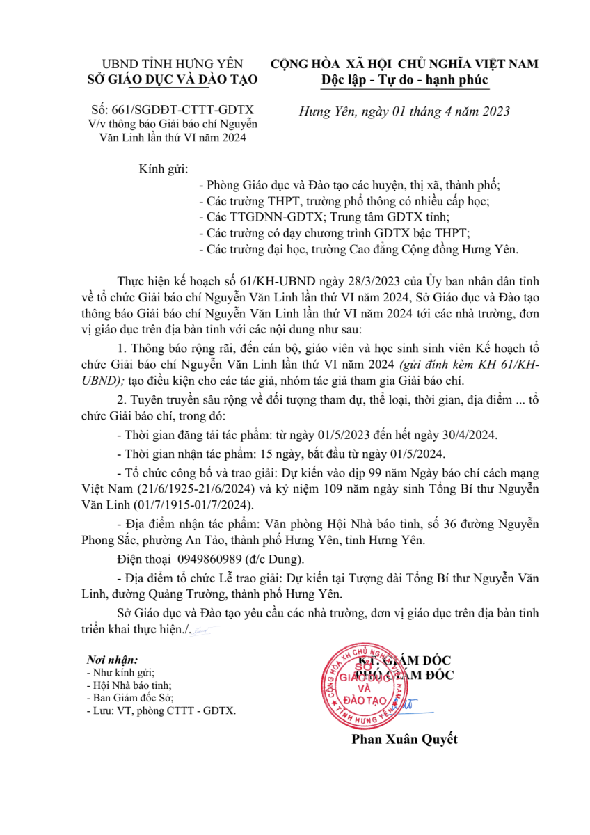 Kế hoạch tổ chức Giải báo chí Nguyễn Văn Linh lần thứ VI năm 2024